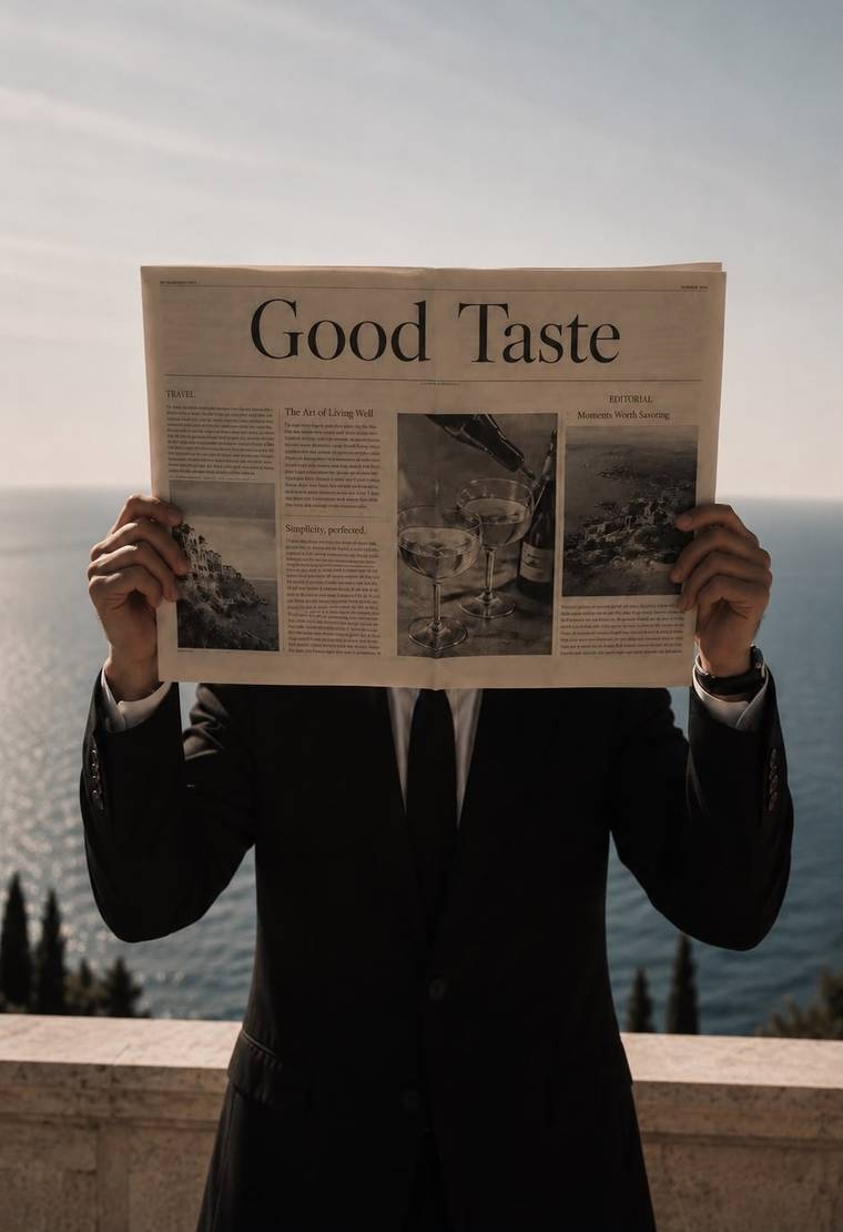 Ziar Good Taste ținut în fața unui peisaj marin, imagine din identitatea Good Taste Society