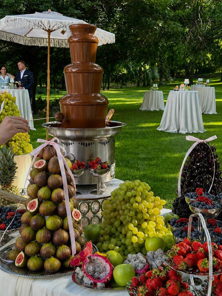 Fântână de ciocolată și fructe la un eveniment Mise en Place